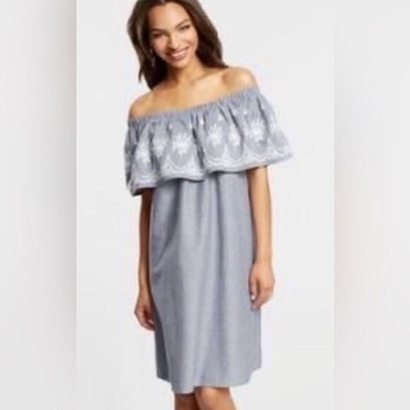 World Market Justine chambray blue embroidered ruffle off shoulder midi. Sz S/M - Picture 2 of 8